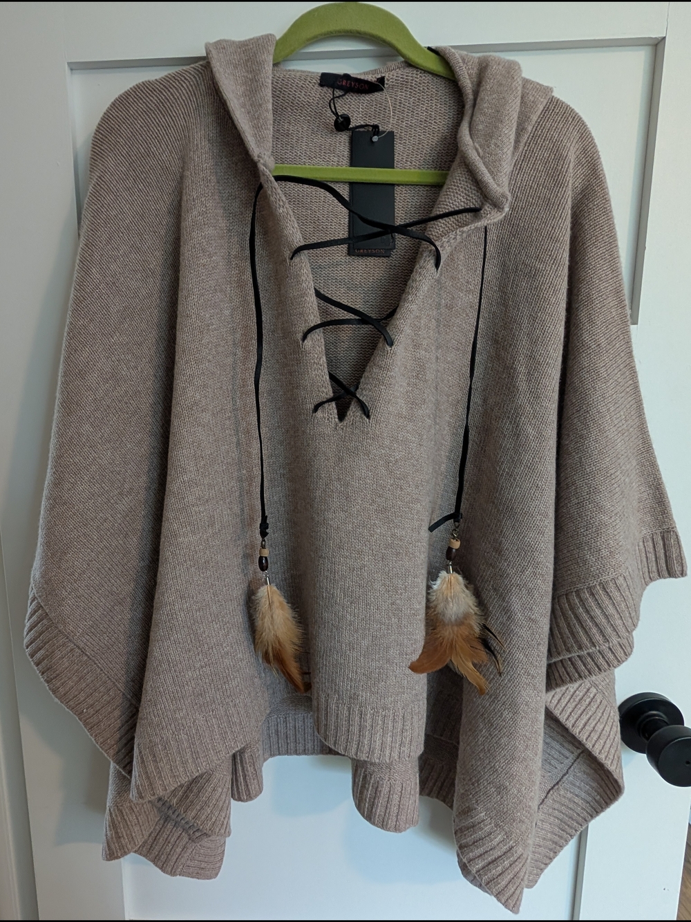 Greyson Taupe Wool Cashmere Hooded Lace-Up Poncho Sweater with Feather Tassels